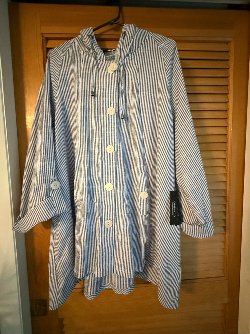 Striped Blue & White Hooded Button Front Tunic Shacket